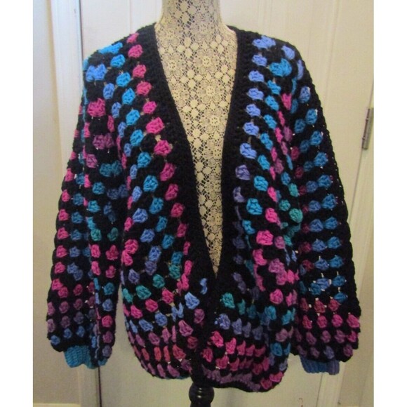 Hand Crochet Cardigan Sweater Jacket Boho Hippie Retro Balloon Sleeves Size L - Picture 2 of 6